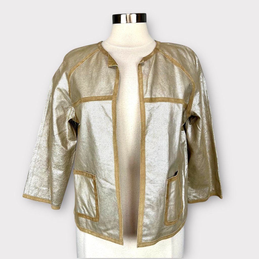 Chicos Womens Kourtney Perforated Leather Jacket Shimmering Beige Size Medium